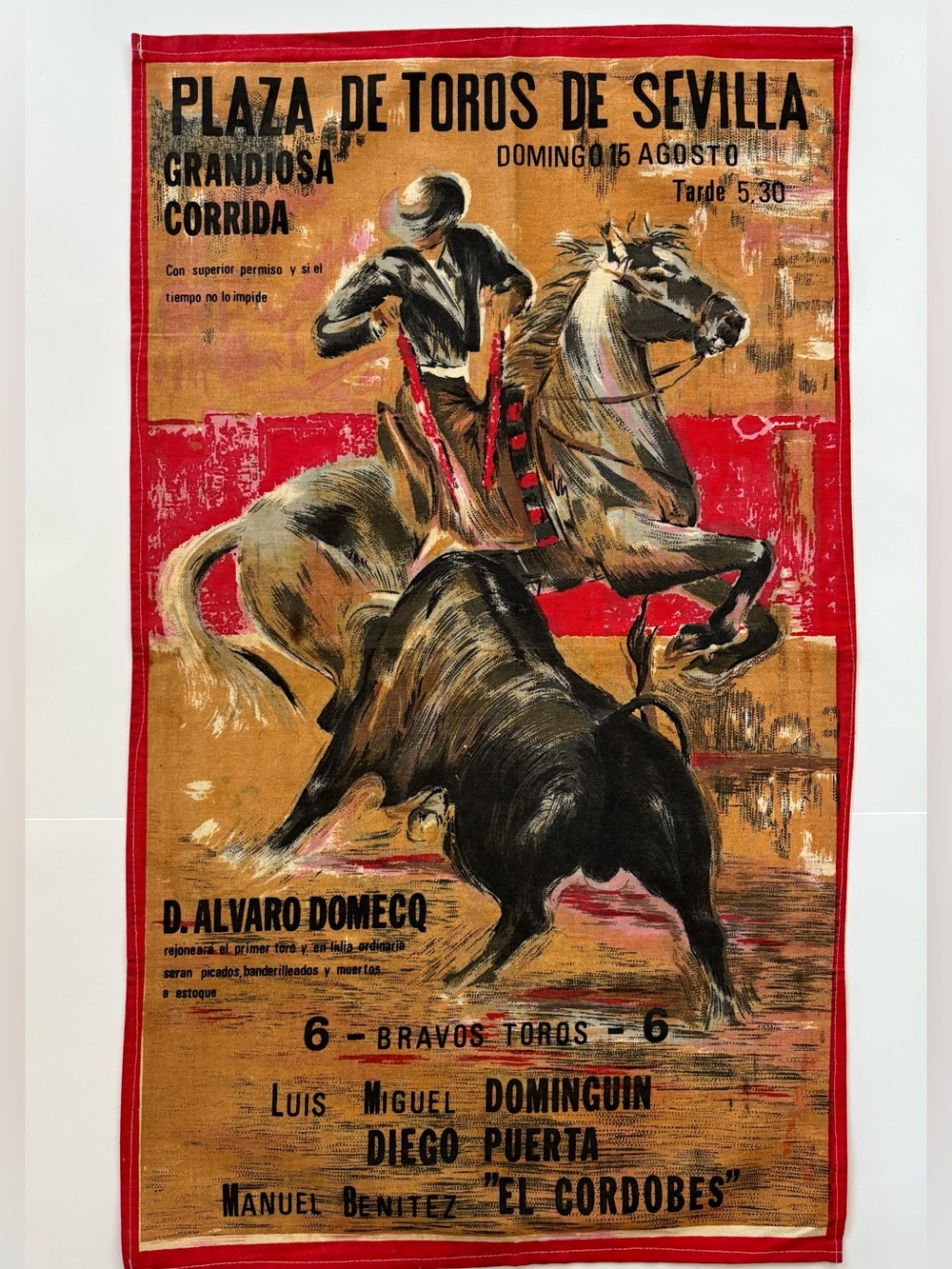 Vintage Linen Plaza de Toros de Sevilla Bullfight Tea Towel